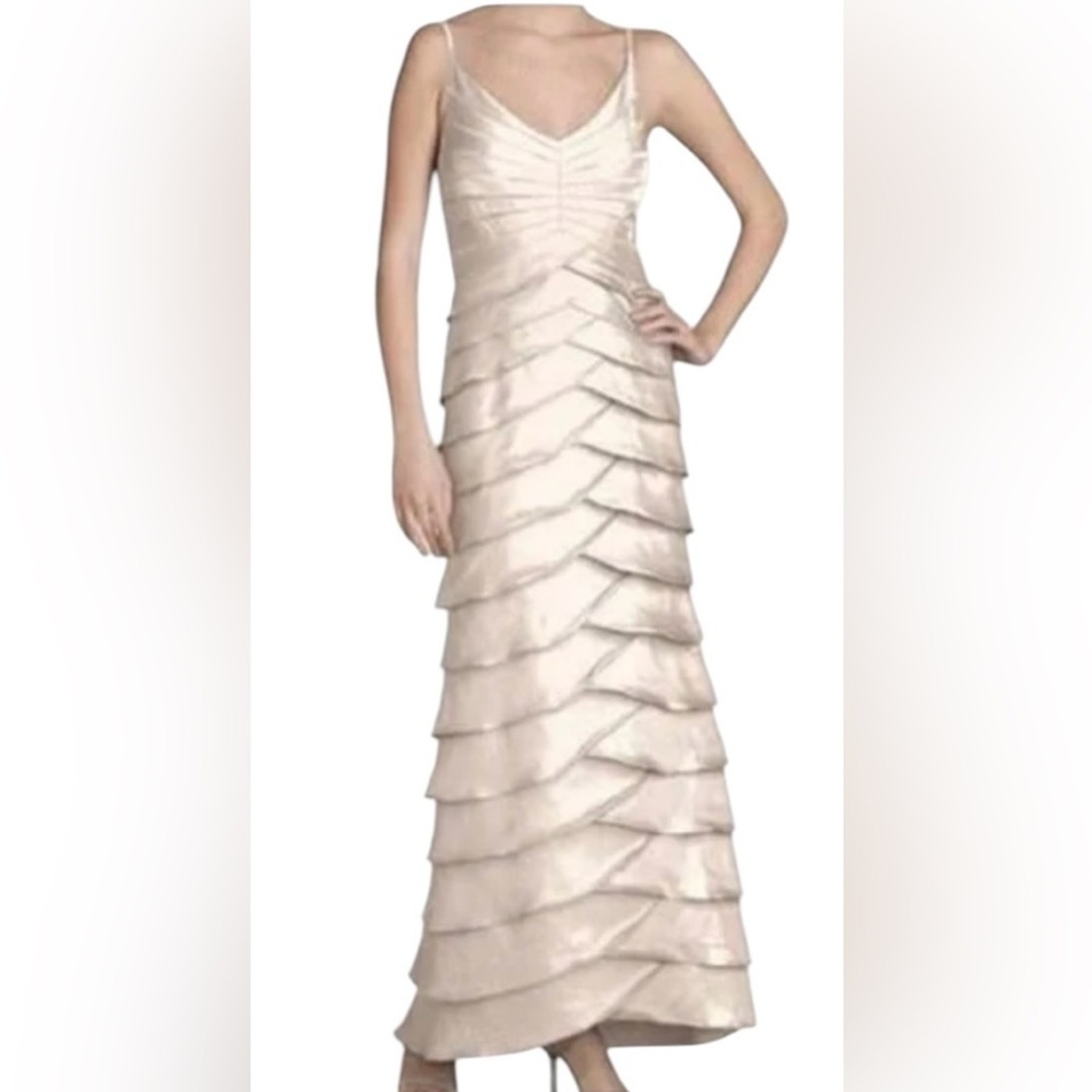Adrianna Papell Shutter Pleated Satin Gown Maxi Gold Metallic Shimmer M Glam