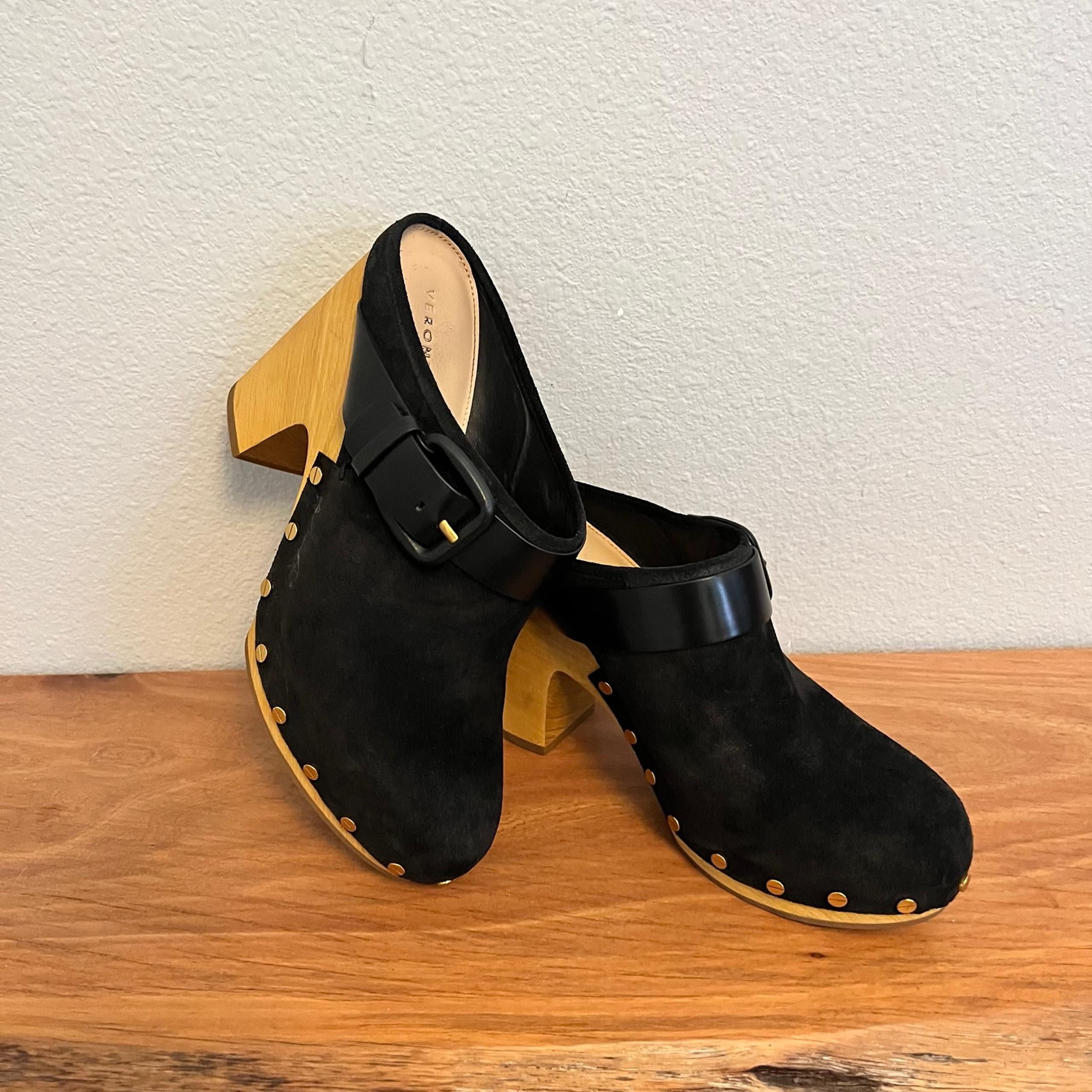 Veronica Beard Dacey Suede Black Buckle Clog 4" Heel Wood Platform Nail Head 8.5