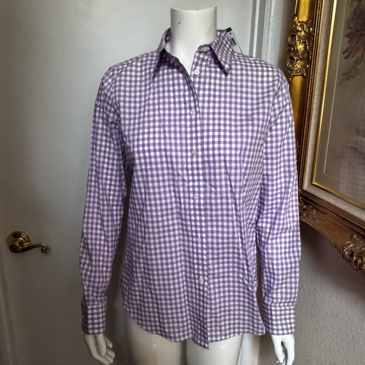 Ralph Lauren plaid blouse button shirt purple white
