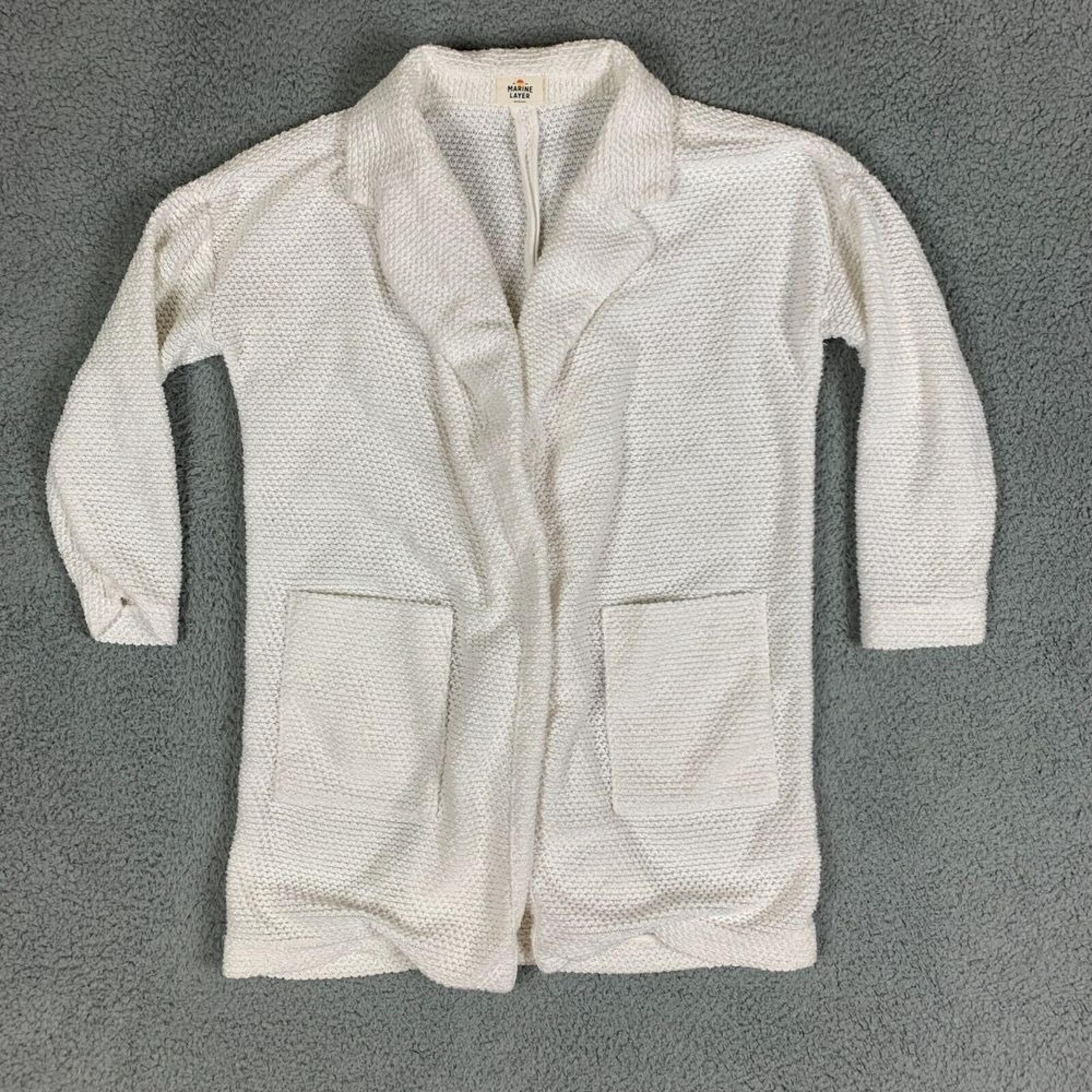 Marine Layer Birdseye Cardigan Womens Large White Collared Open Front Pockets