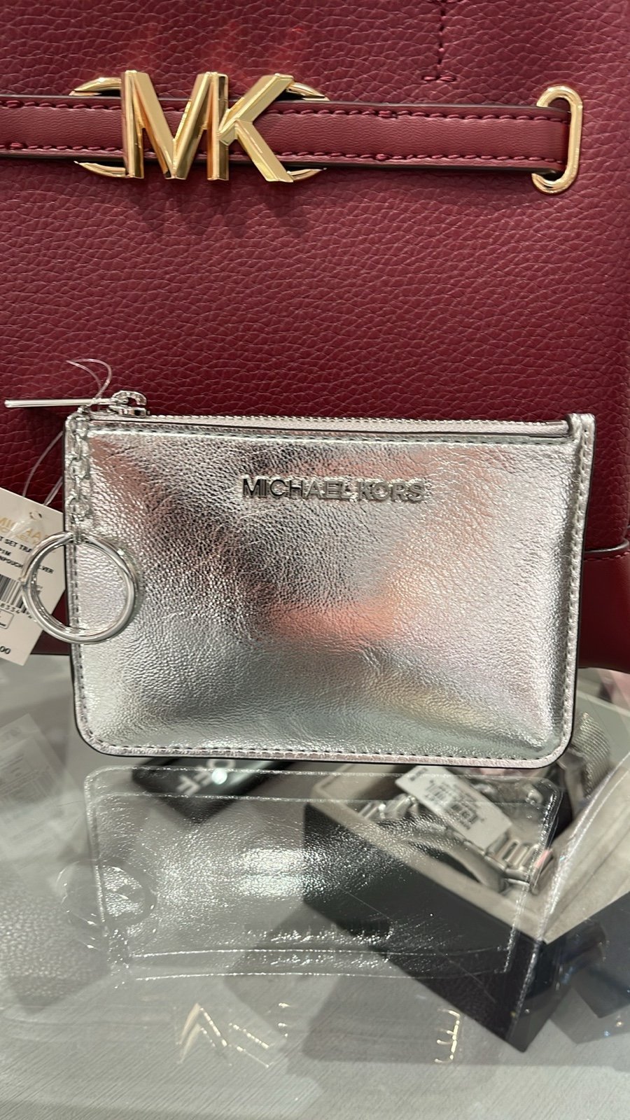 MICHAEL KORS Jet Set Travel Small Top Zip Coin Pouch With ID Silver Keychain NWT