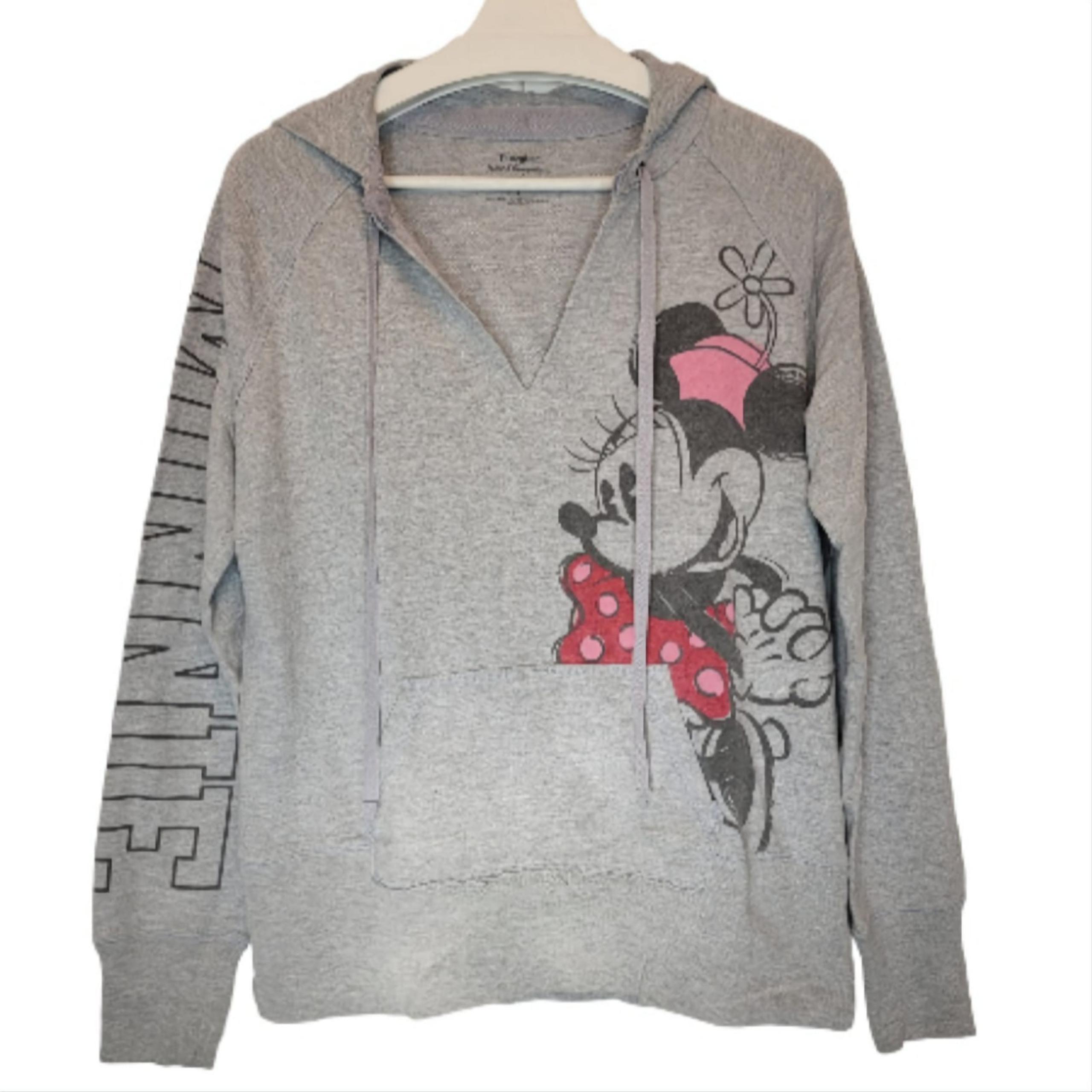 DISNEY PARKS Minnie Mouse Graphic Hoodie Top Grey Cotton Women Large V Neck Soft