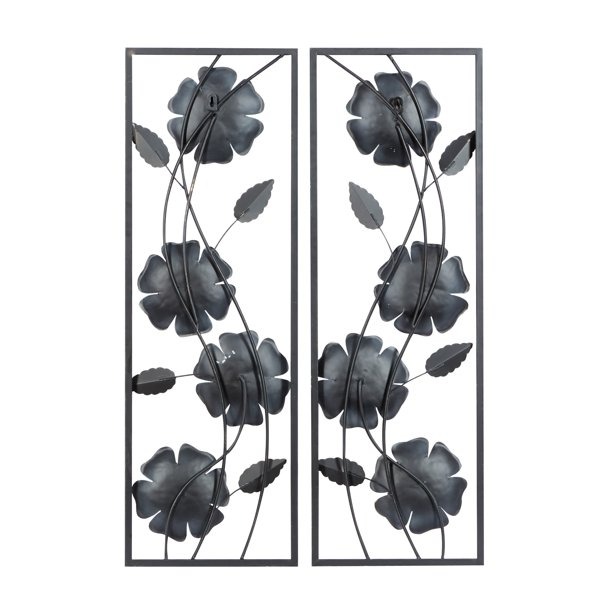 DecMode White Metal Floral Wall Decor with Black Frame (2 Count)