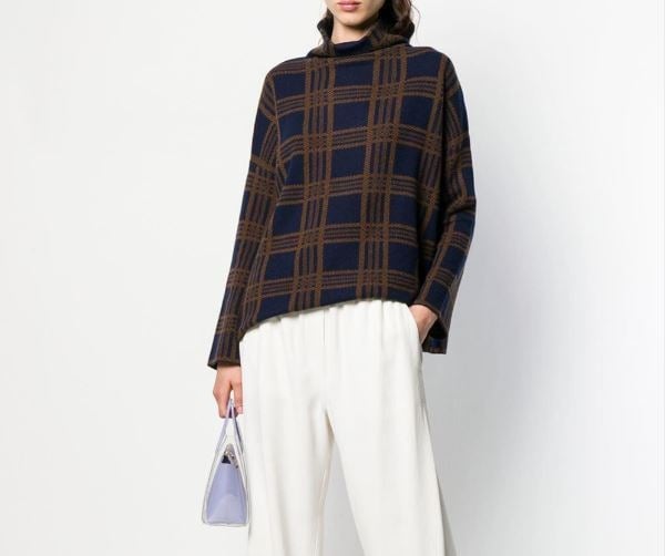 Vince Tartan Plaid Funnel Neck Sweater Marine/Umbra
