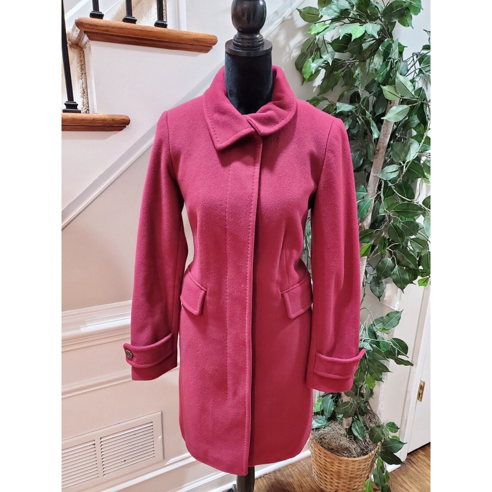 Land's End Women's Red Solid Wool Long Sleeve Collared Mid Length Coat Size 4