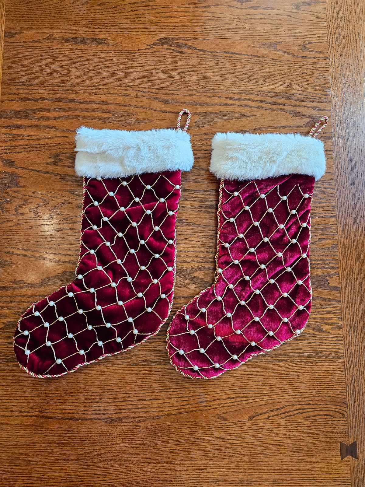 Set of 2 Red Velvet Faux Fur Cuff Beaded Christmas Stockings