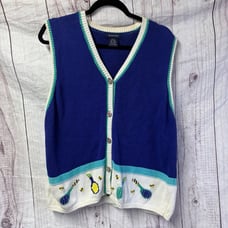 Vintage Women’s Blue Sweater Vest with Tennis Racket Knit Details XL
