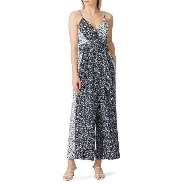 Tanya Taylor Pricilla Two Toned Sleeveless 100% Silk Floral Jumpsuit Navy Size 8