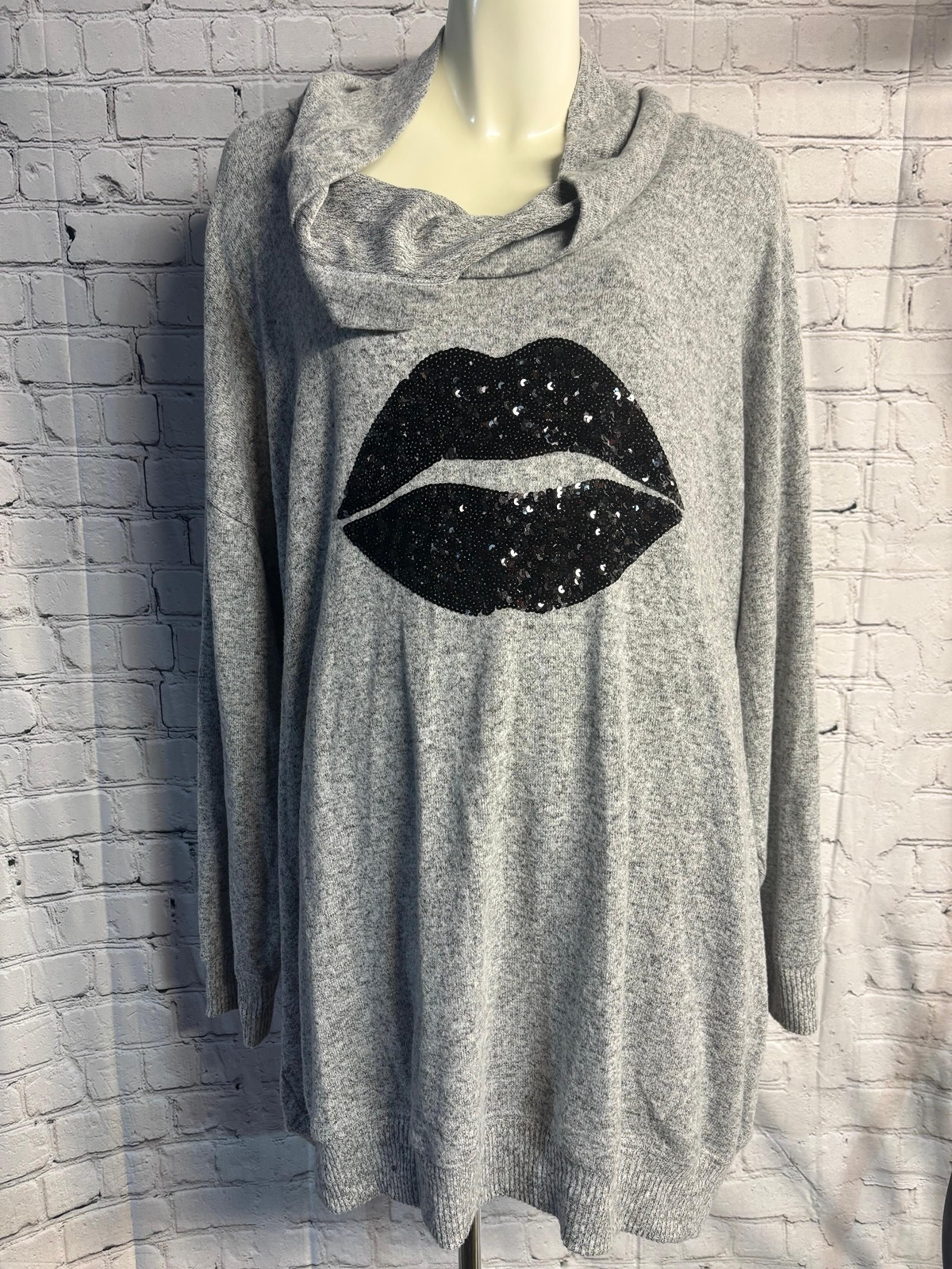 Gray Size 5 Torrid Cowl Neck Sweater with Black Sequin Lips