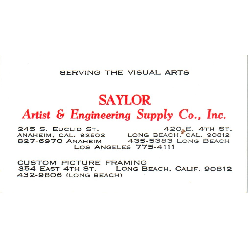 Saylor Artist & Engineering Supply Co Long Beach CA Vintage Business Card SD4-B1