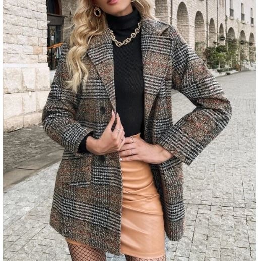 Winter Plaid Pattern Pocket Front Double Breasted Long Sleeve Neck Overcoat L5