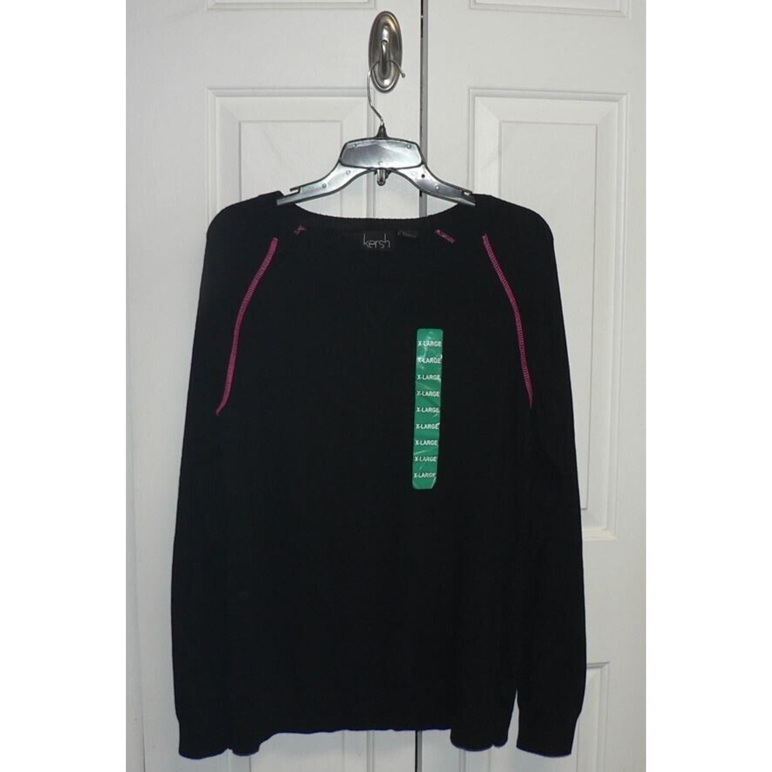 Kersh Crewneck Lightweight Sweater in Black with Hot Pink Stitching XL $35