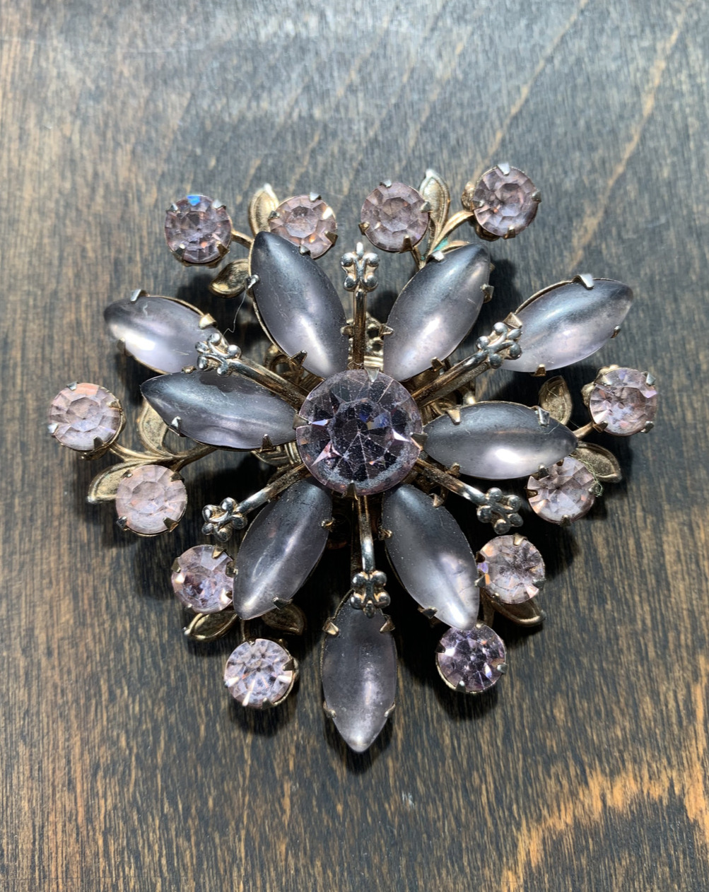 Large Vintage Moonglow Purple Pink Crystal Rhinestone Flower Brooch