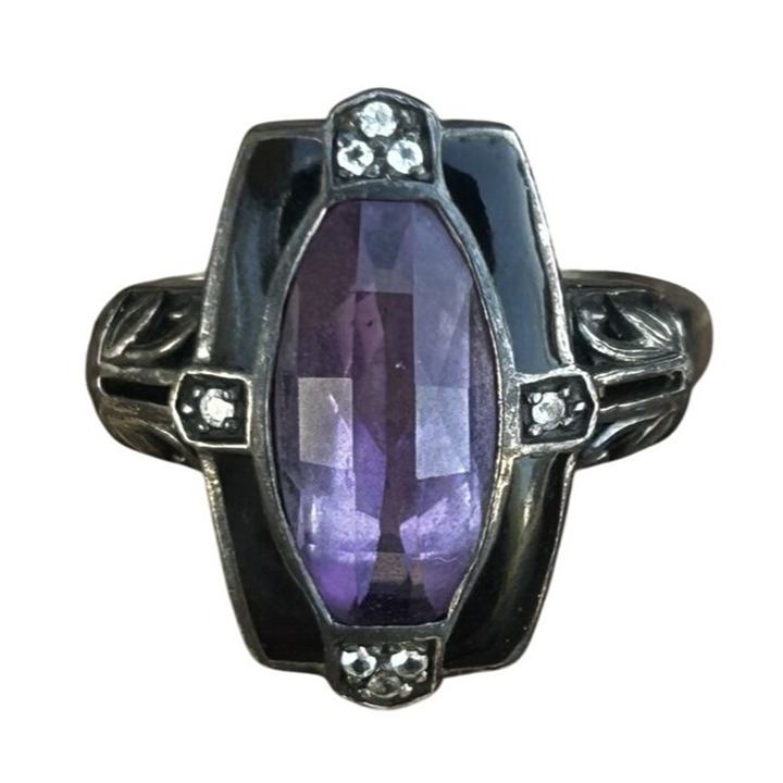 Vintage Art Deco Style Sterling silver Amethyst, Jet and Topaz RIng size 8