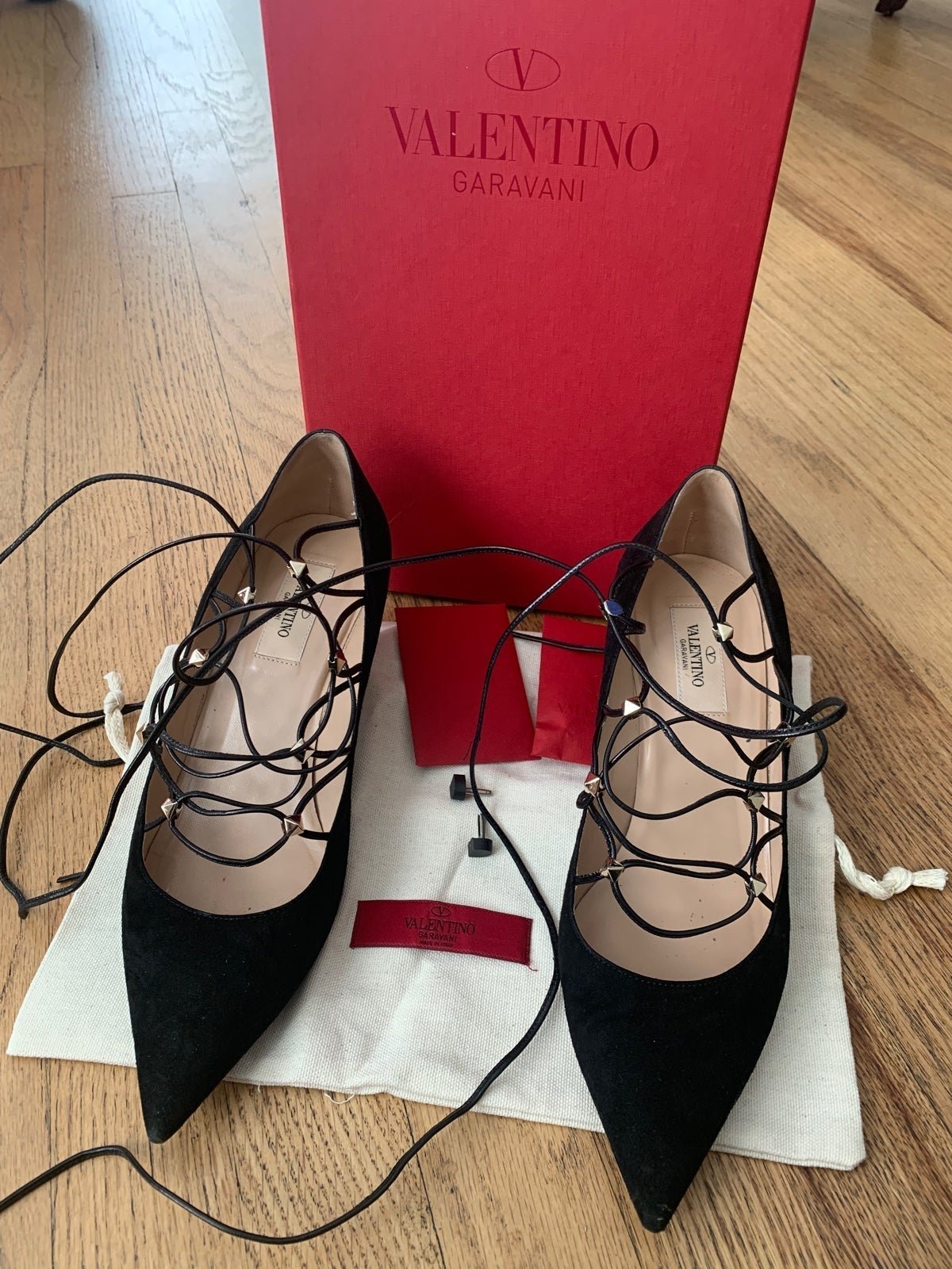 VALENTINO Suede Rockstud Gladiator Lace Up Pumps 38 Black