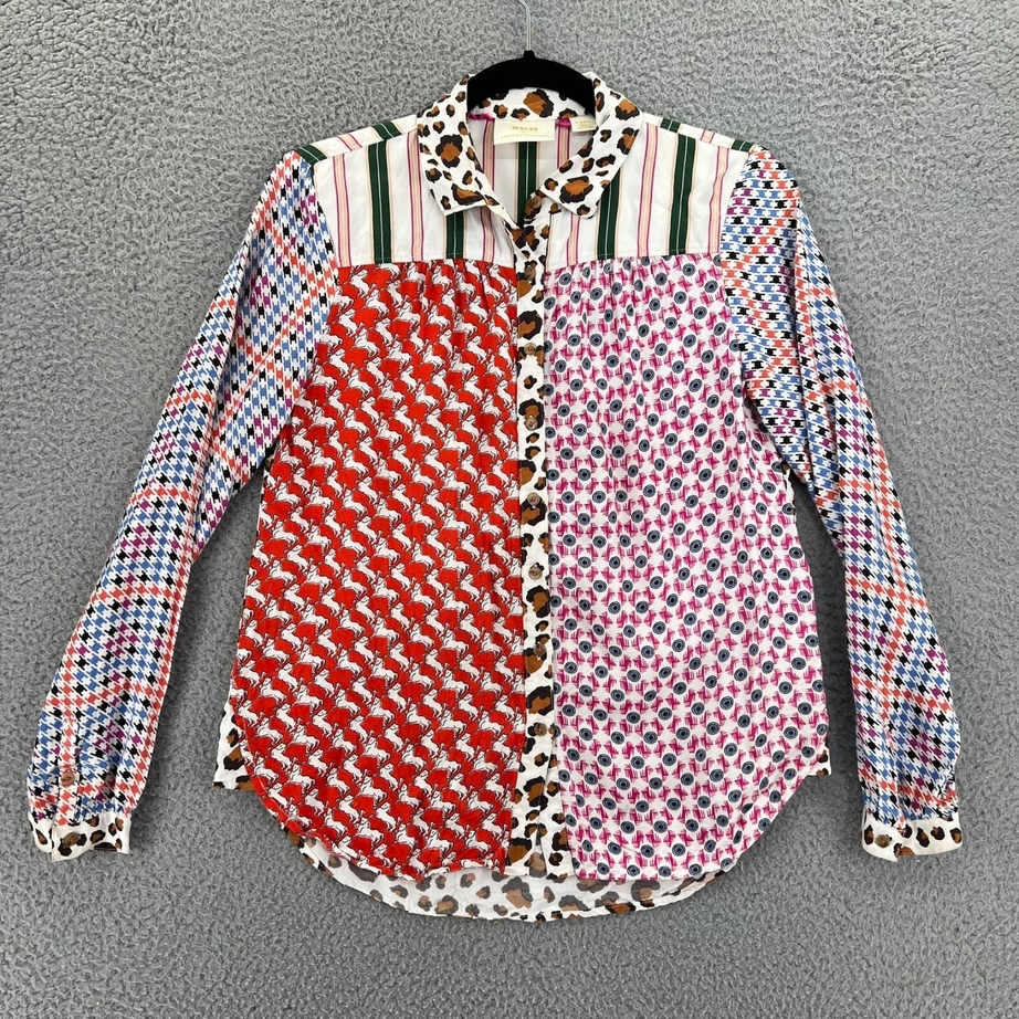 MAEVE ANTHROPOLOGIE Shirt Button Down Viscose Women XS Patchwork Boho Grunge