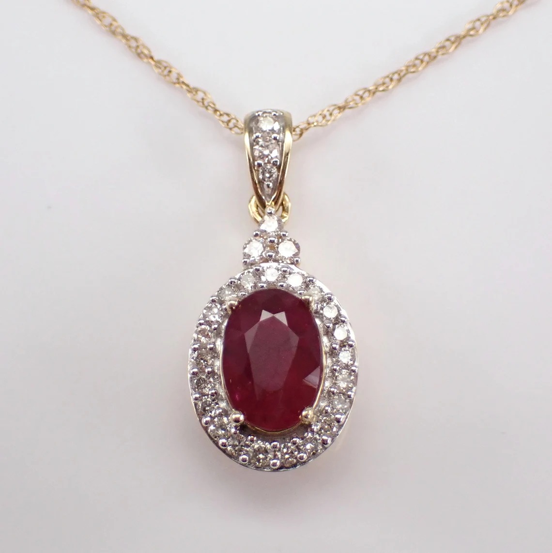 Ruby and Diamond Halo Necklace - Yellow Gold Gemstone Pendant and Chain