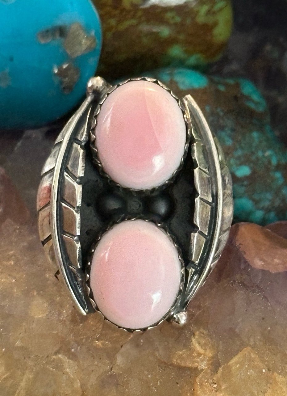 Pink conch double stone shadow box southwestern sterling silver ring