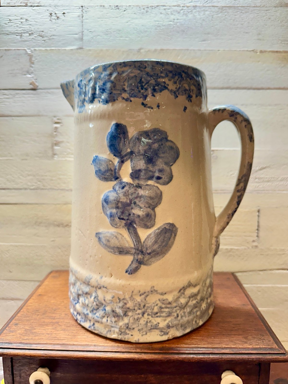 ANTIQUE, 19TH CENTURY, PRIMITIVE, BLUE & WHITE ROSE STONEWARE SPONGEWARE PITCHER