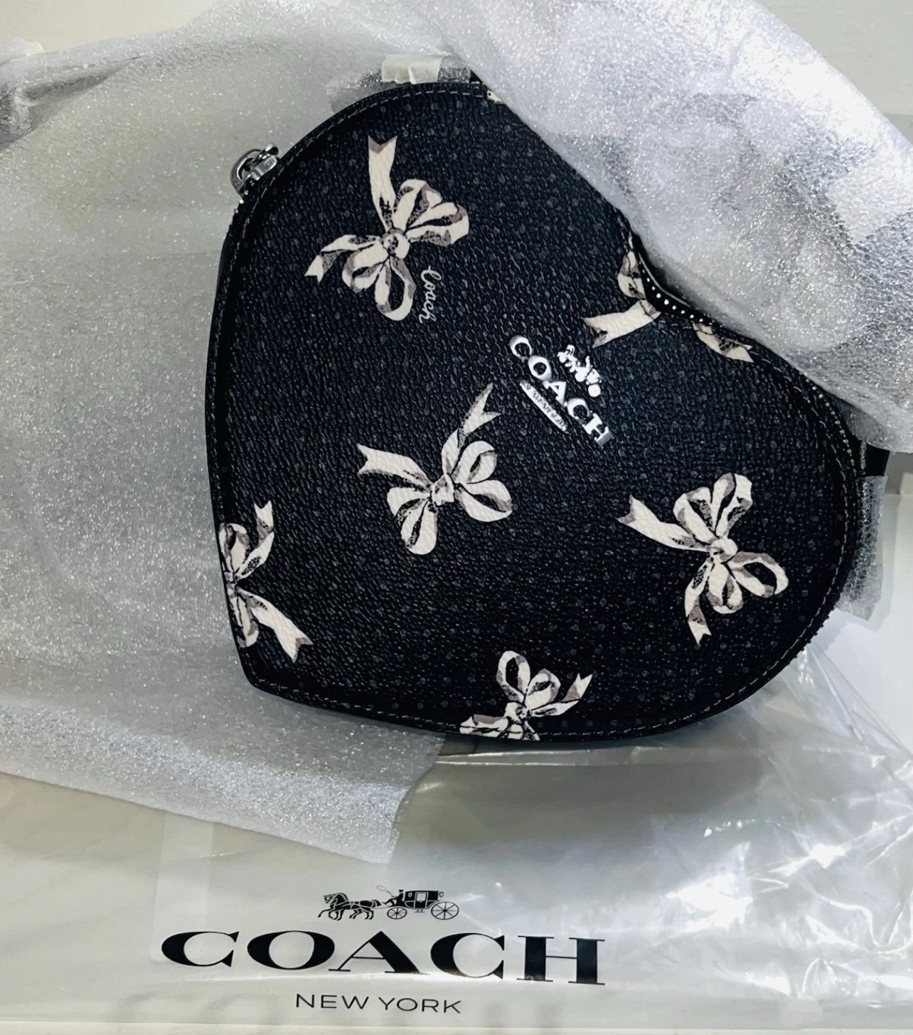 NWT COACH CAA99 Heart Crossbody Bag With Bow Print Canvas & Leather Black Multi