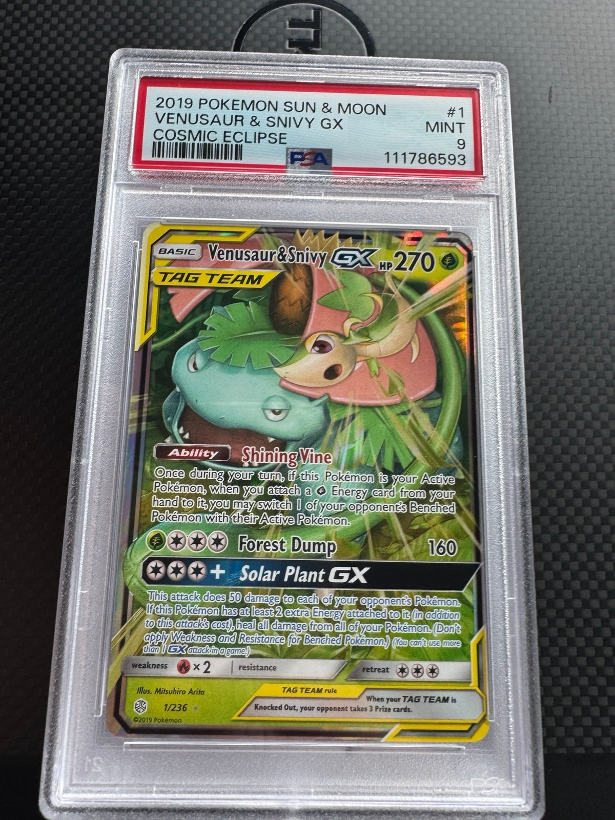 Pokemon Venusaur & Snivy GX 1/236 - Cosmic Eclipse PSA 9