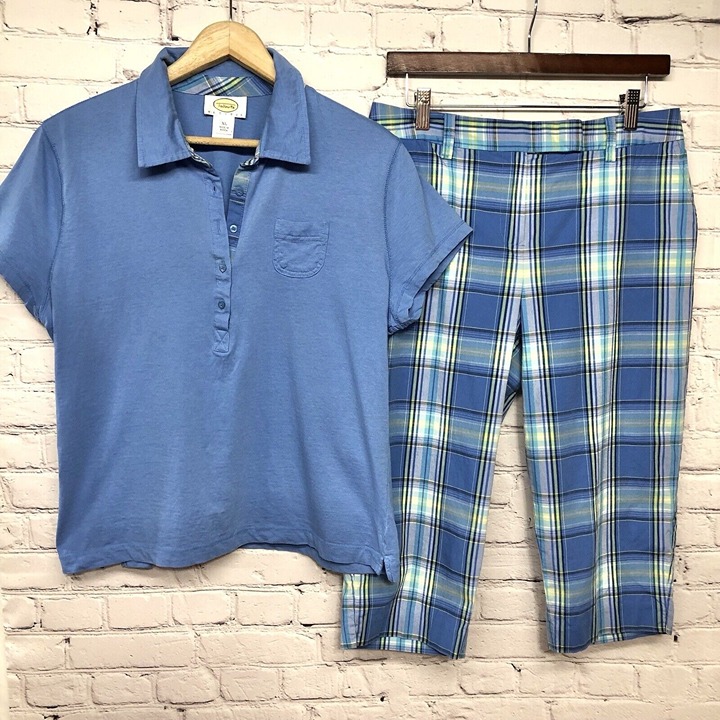 2 Pc Talbots Top Bottom Set Blue Cotton Shirt Sz Lrg Capri Pants Sz 10