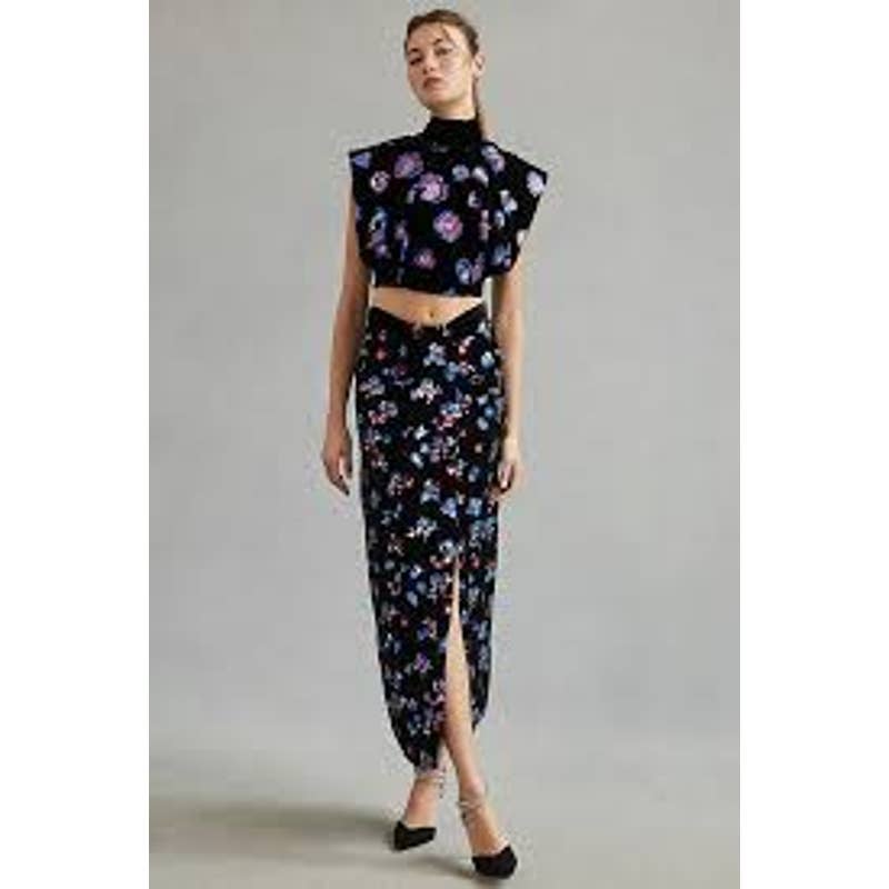 Sabina Musayev Black Velvet Embroidered Embellished Sleeveless skirt top set