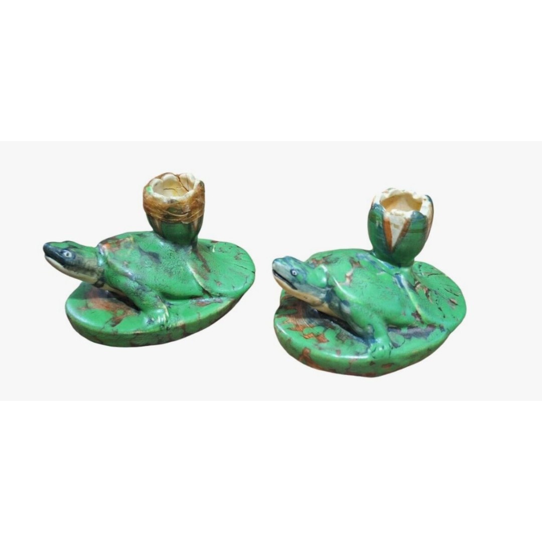 Rare Vintage Weller Coppertone Turtle On Lilly Pad Candle Stick Holders Antique