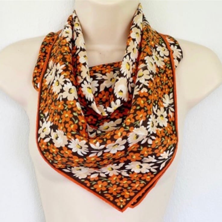 Vintage silky satin orange floral bandana handkerchief scarf
