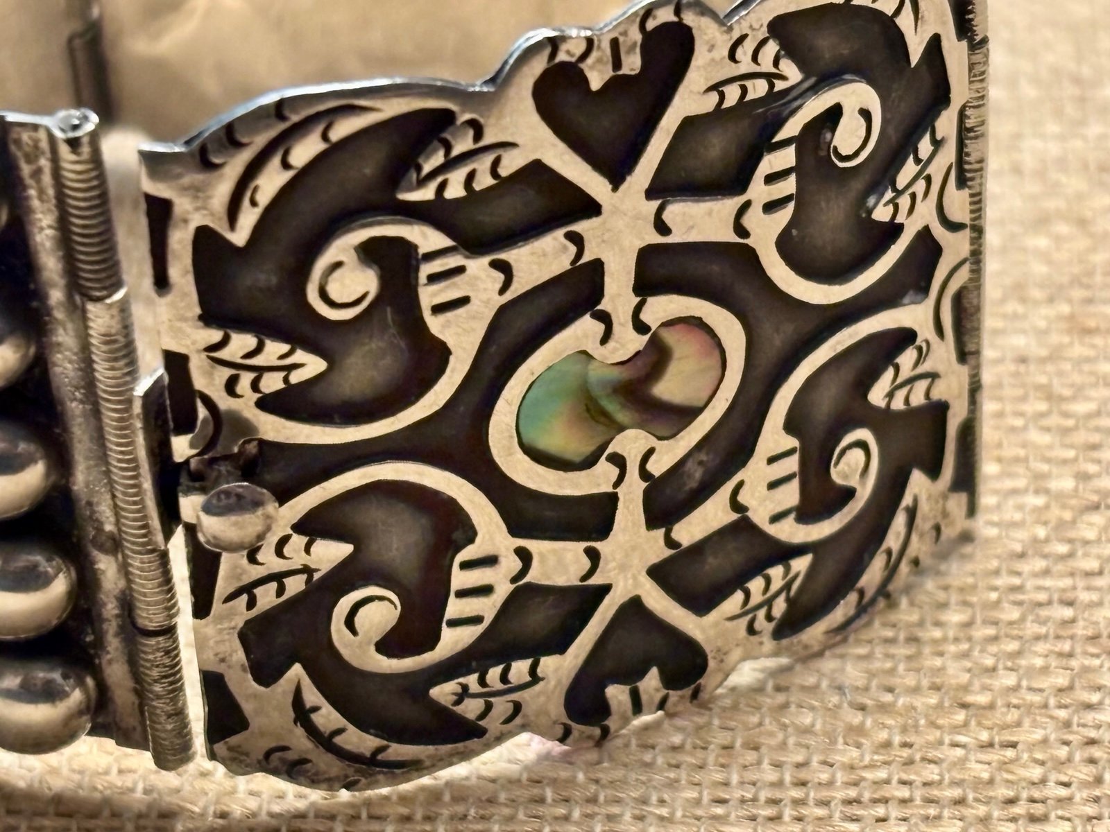 Vintage Mexican Sterling Silver Wide Panel Link Bracelet 1940s