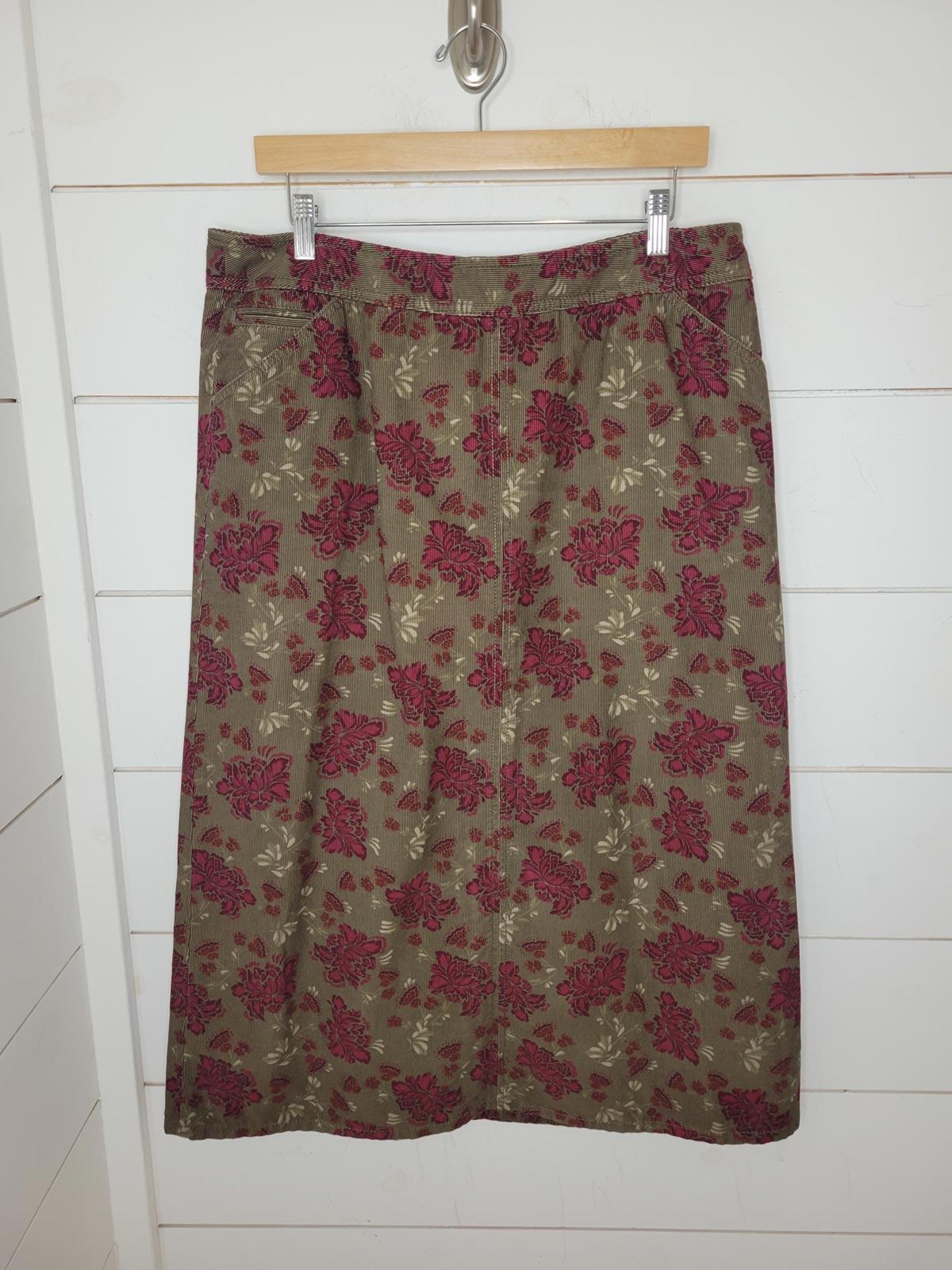 Vintage Eddie Bauer size 10 brown with red flowers maxi corduroy skirt. Modest.
