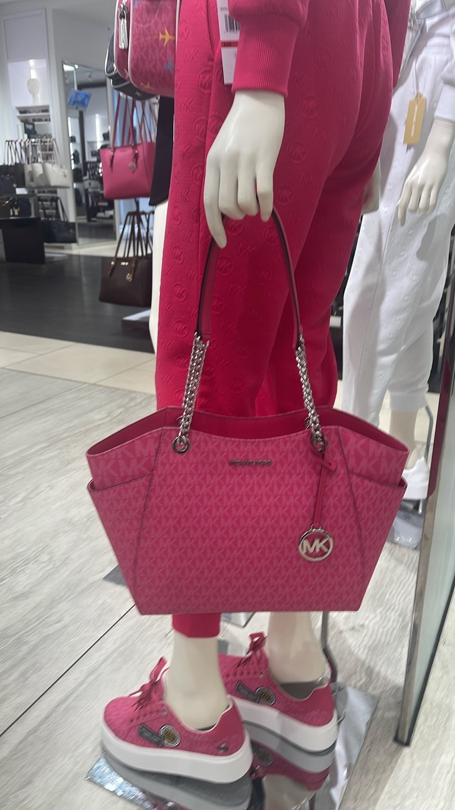 Michael Kors Pink Jet Set Travel Lg Signtr Logo Chain Shoulder Tote Bag Dragonfr
