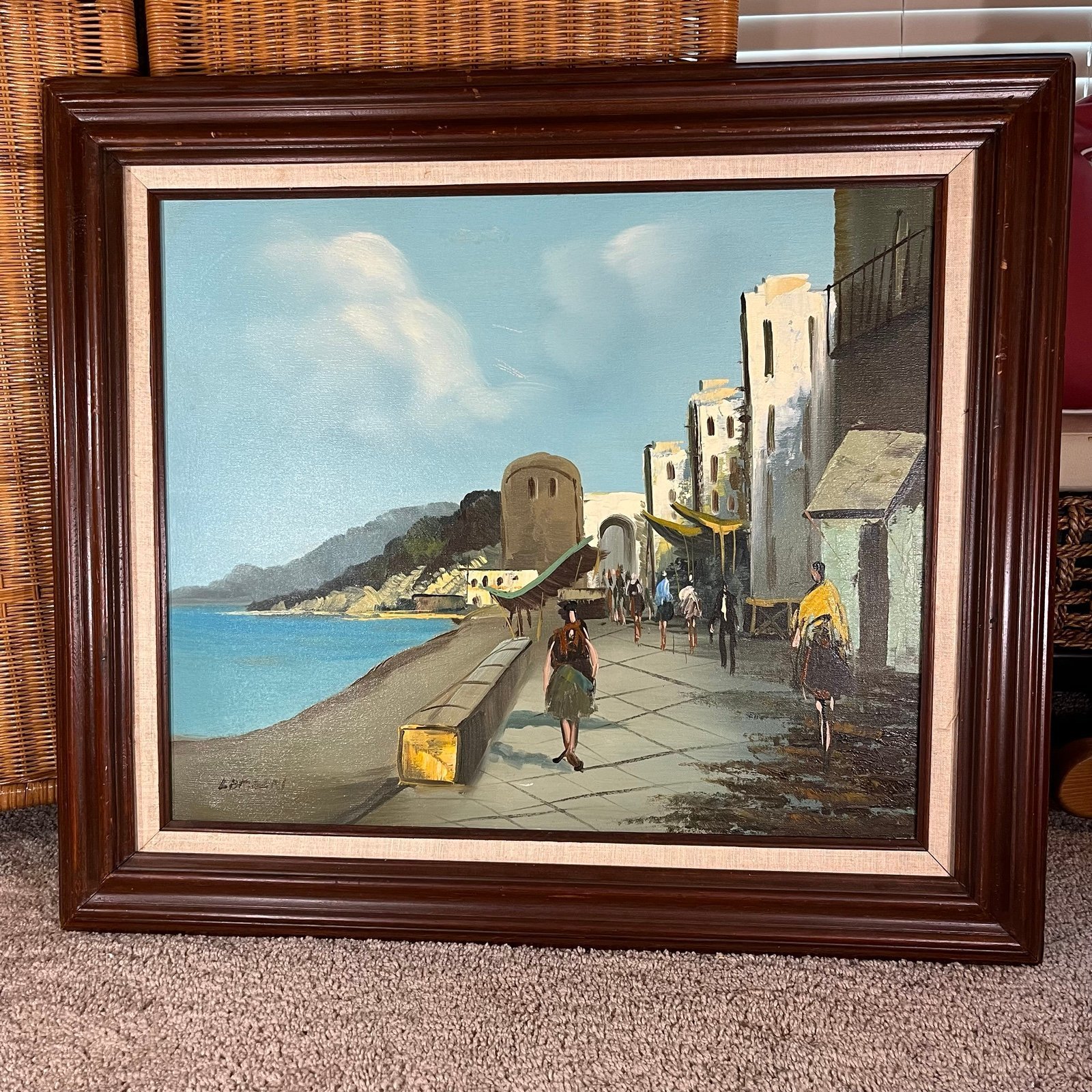 Vintage Italy original oil painting Italian coastal village scene art framed