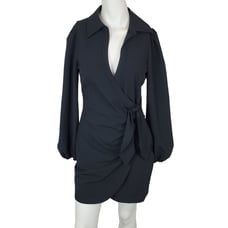 Cinq A Sept Womens 4 Black Faux Wrap Gathered Tie Waist Long Sleeve Mini Dress