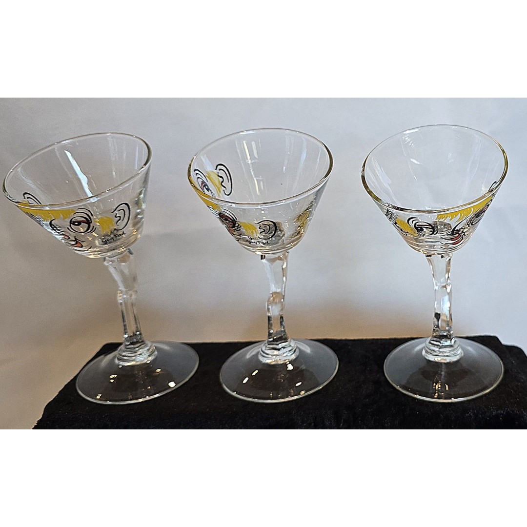 3 Gay Fad Studio Beau Brummel Bent Stem Cocktail or Martini Glasses 1950s