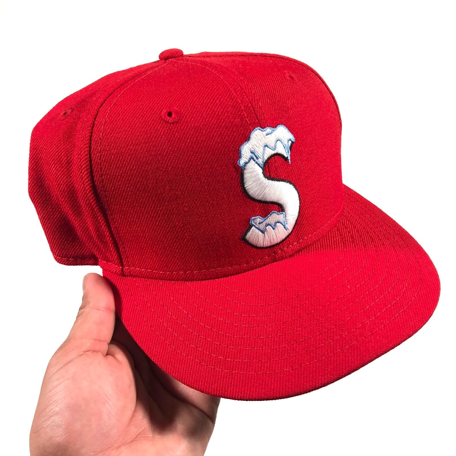 FW20 Supreme Icy Snow S Logo New Era Fitted Hat Cap Size 7 1/2 Red