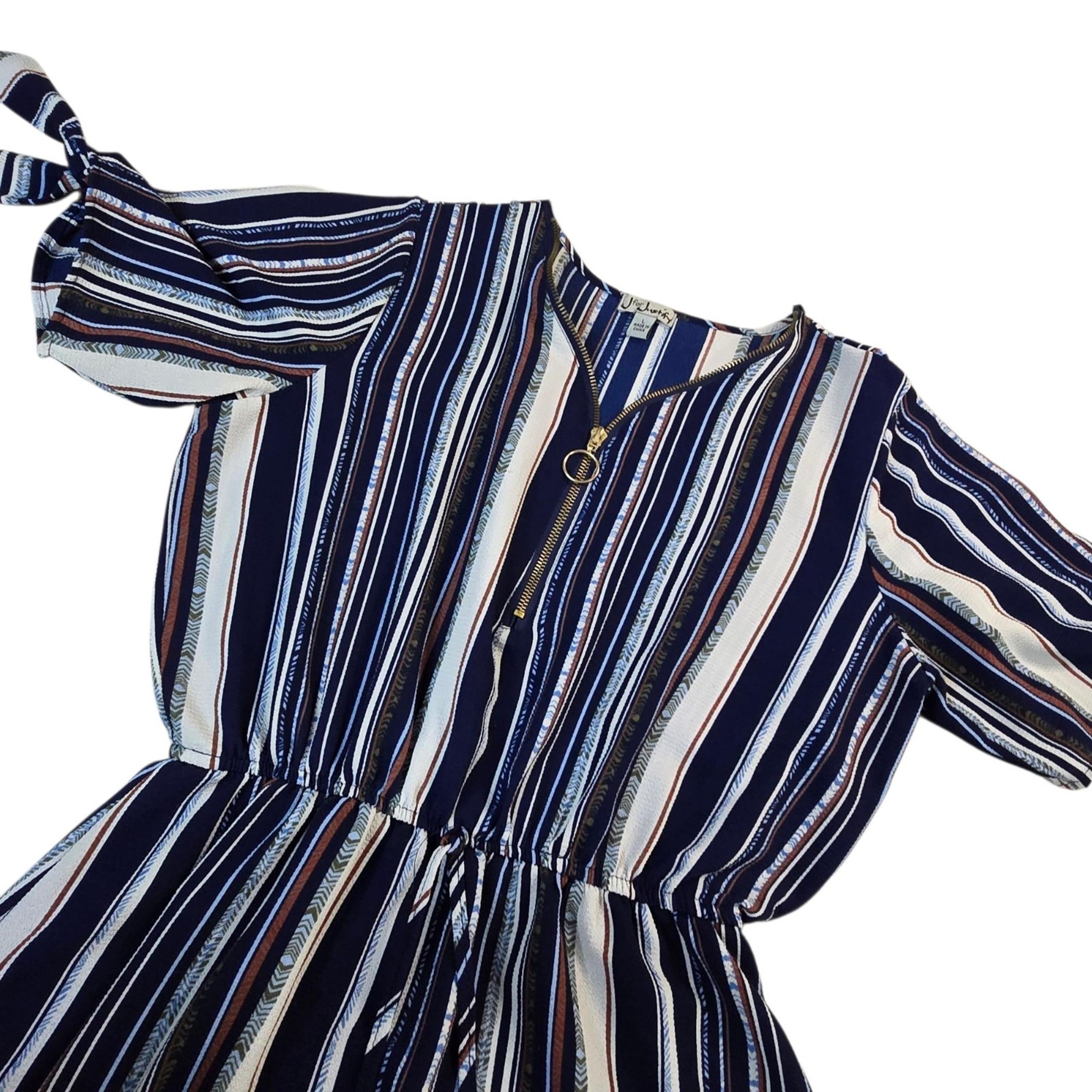 J For Justify Dress Short Elastic Waist Blue STRIPED Zip Tassels Size Large