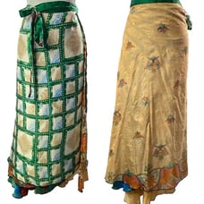 100% Silk Sari Skirt Full Wrap Reversible Boho Green Gold 34 5-26