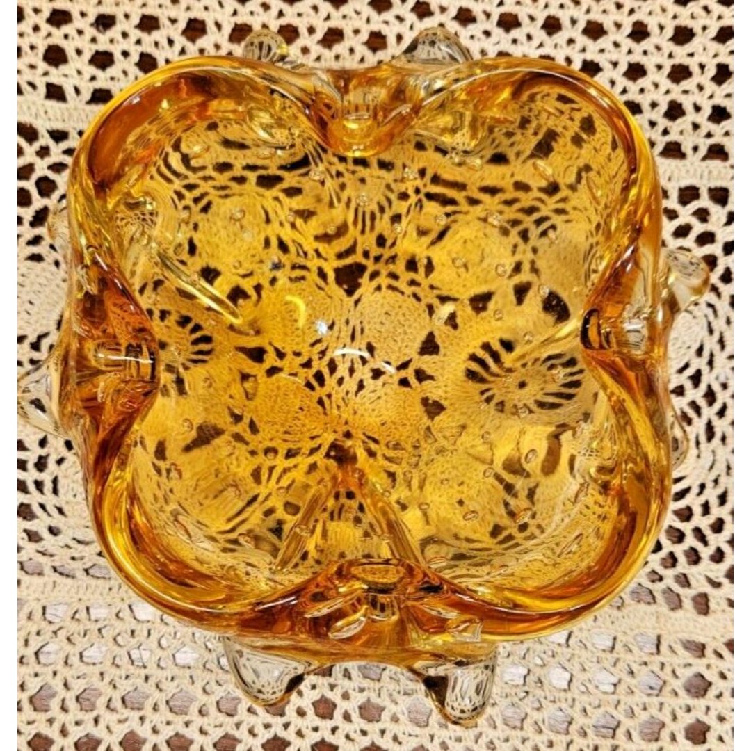 MCM Murano Style Art Glass Bullicante Controlled Bubbles Amber Gold