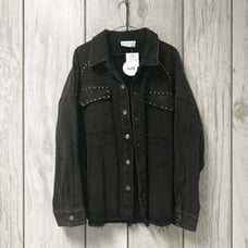 Loveriche Women Dark Green Acid Wash Studded Frayed Denim Shacket Jacket 1X XL