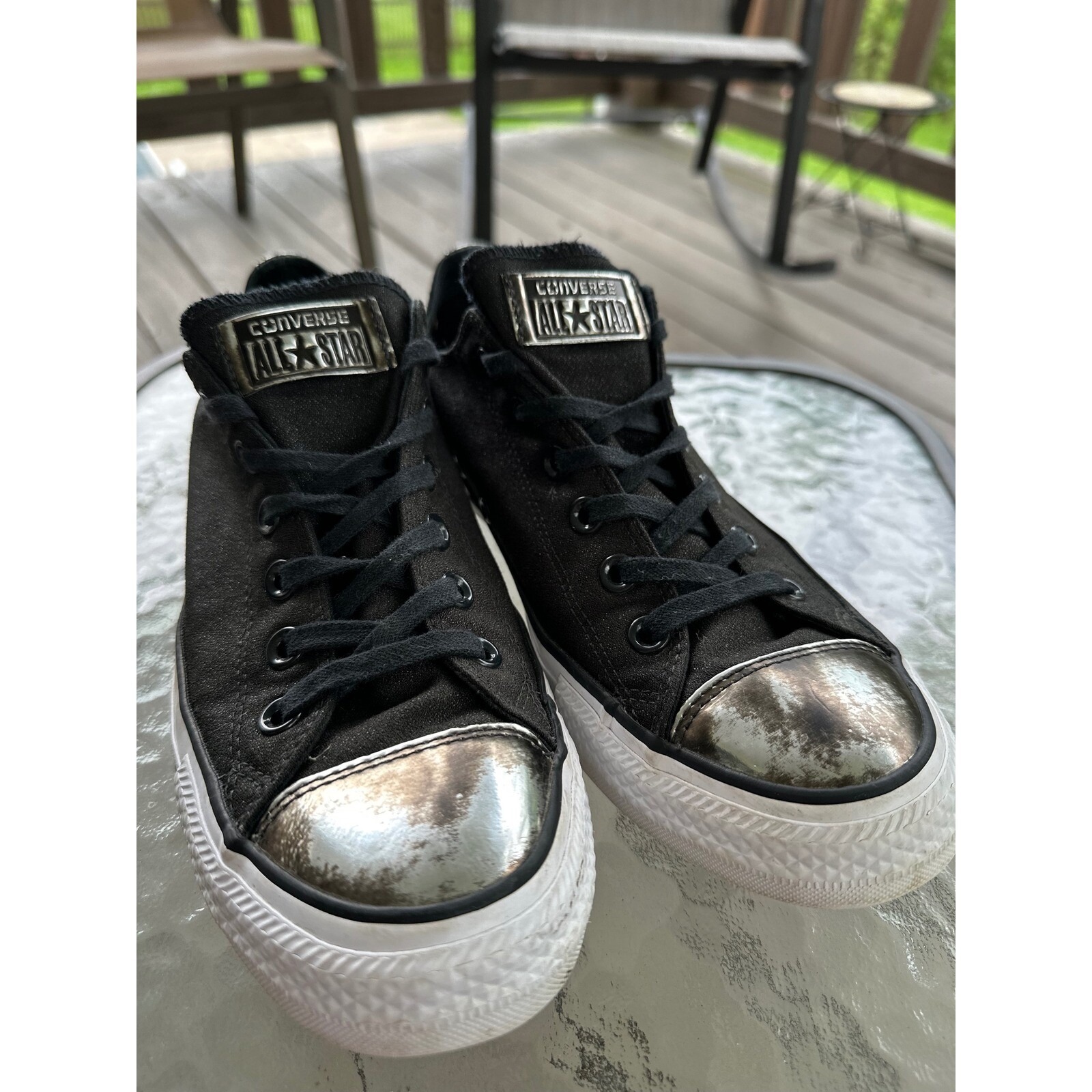 Rare Converse All Star Metallic Toe Cap Sneakers Black Casual Shoes Woman's 9.5
