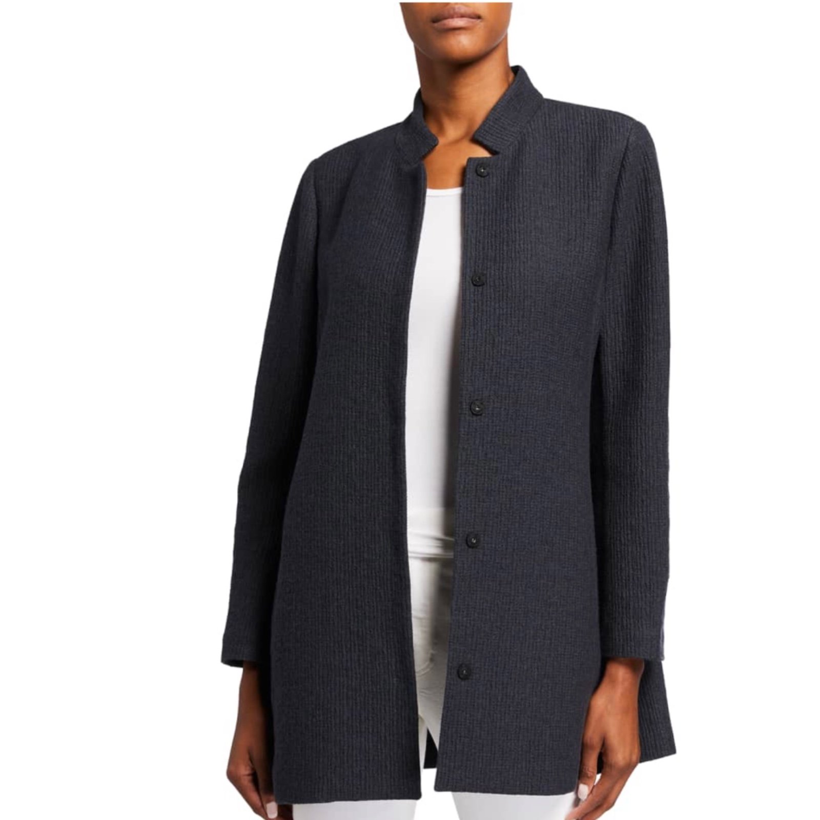 eileen fisher black snaps collar long textured coat jacket