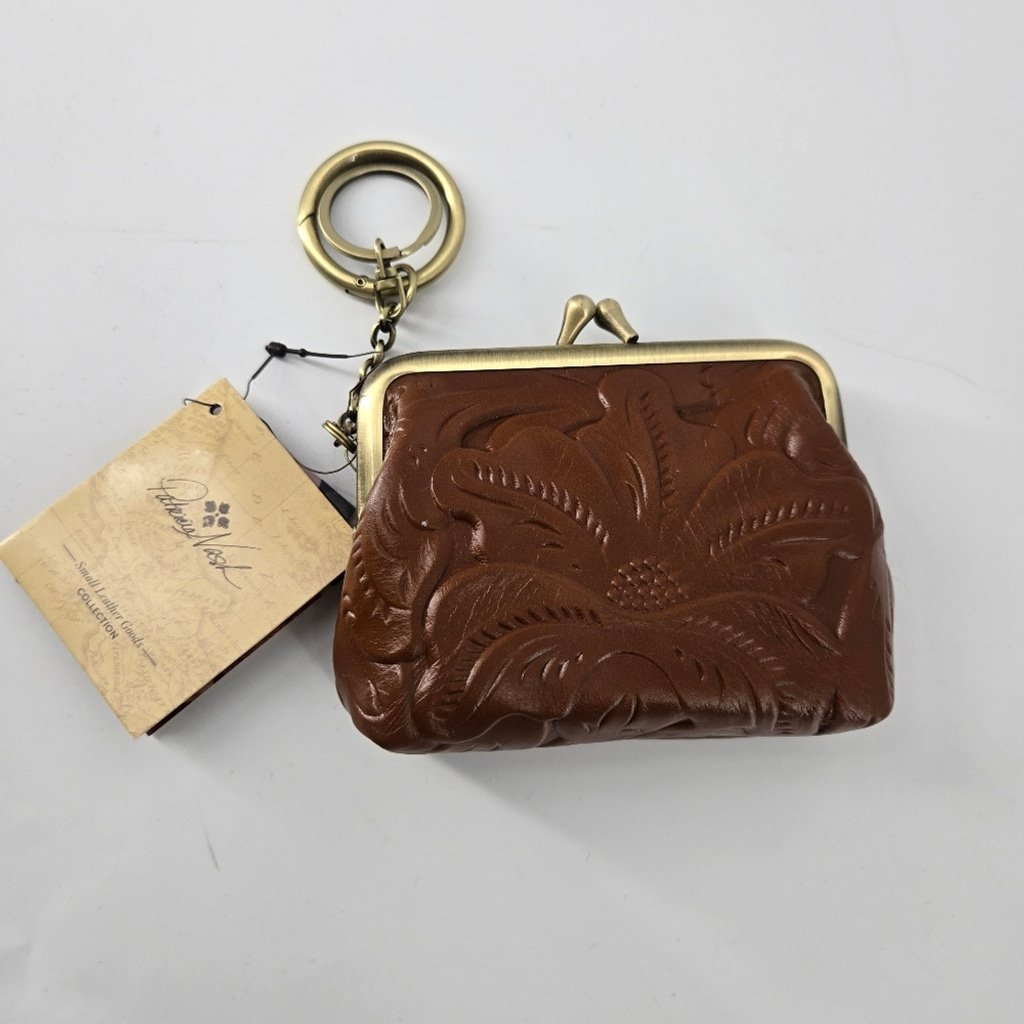 Patricia Nash Brown Borse Full-Grain Leather Coin Purse Kiss-Lock Closure NWT