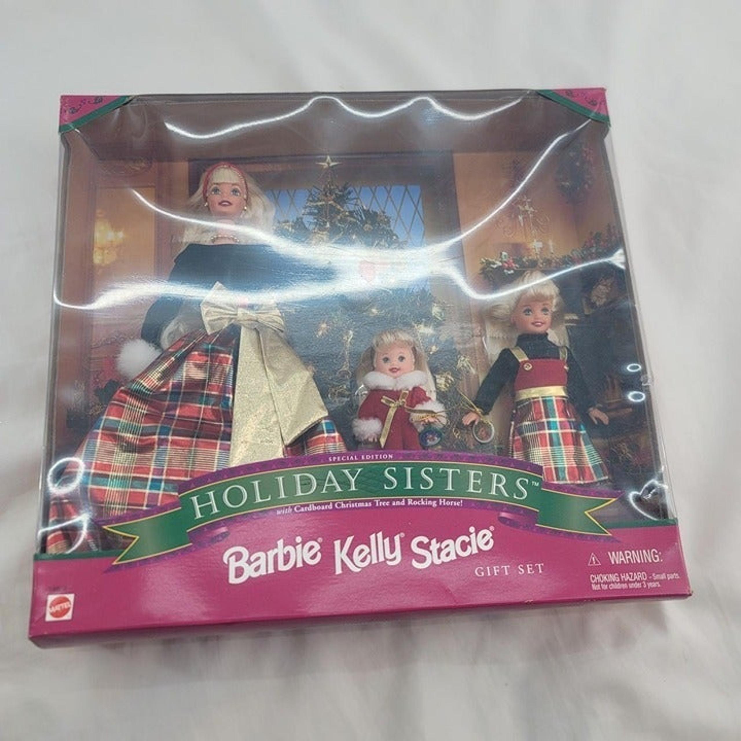 1998 Mattel Barbie Kelly Stacie Holiday Sister Girl Fashion Doll Gift Set