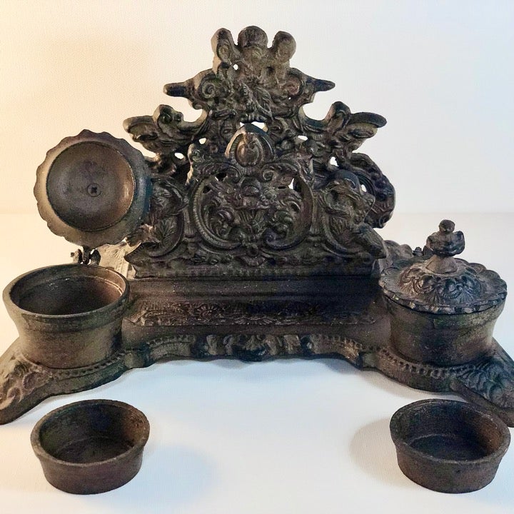 Vintage Baroque/Rococo style cast brass double inkwell letter holder desk set
