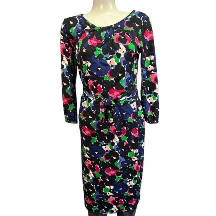 TALBOTS 129 Slinky Stretch Floral Bow Belted Casual Dress Size XS