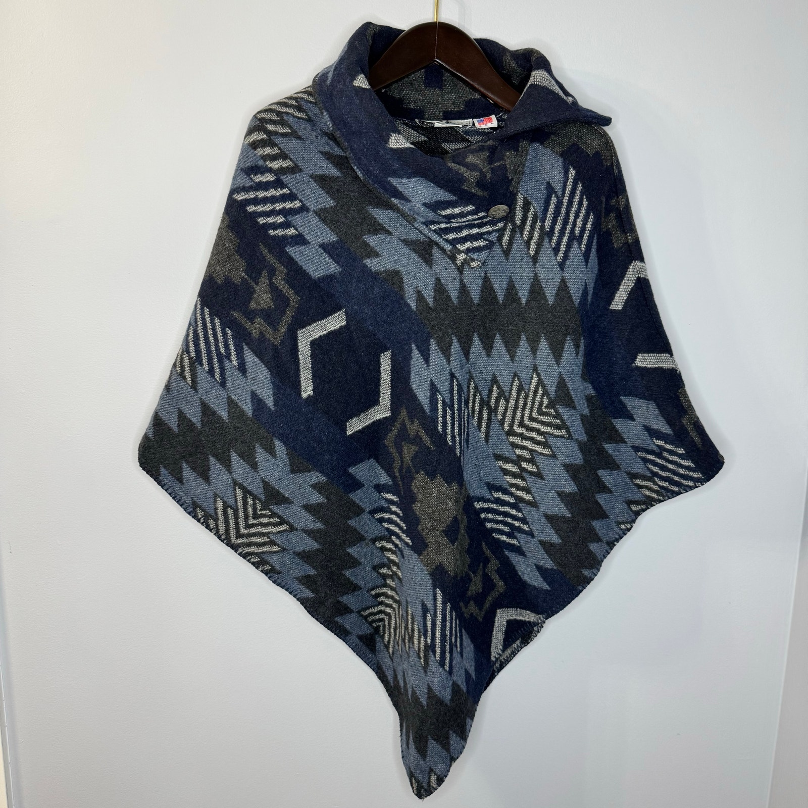 Rhonda Stark Western Aztec Wool Blend Poncho Blue Print O/S Made in USA