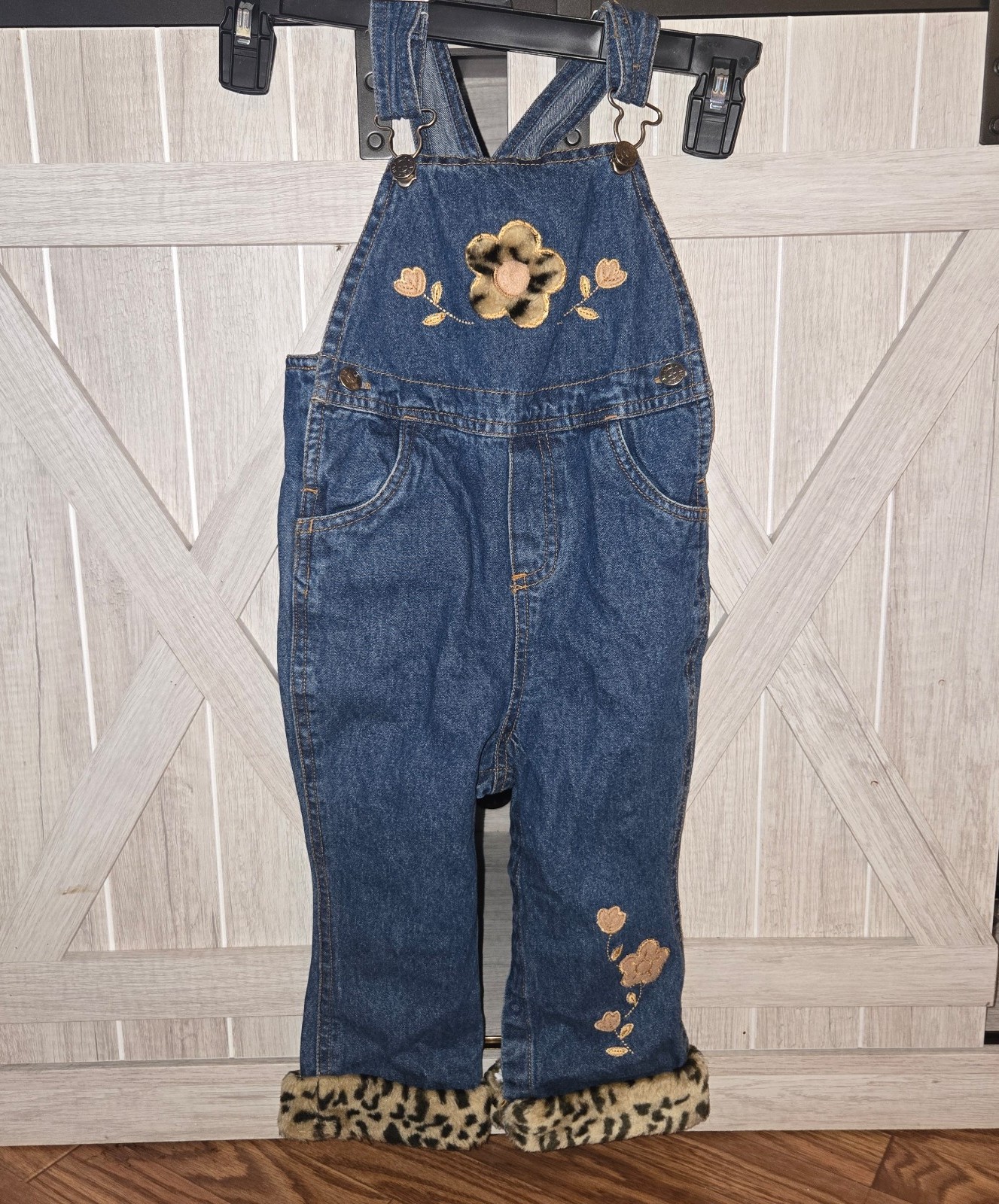Vintage Y2K Baby Girls Leopard Fur Denim Overalls 24 Months