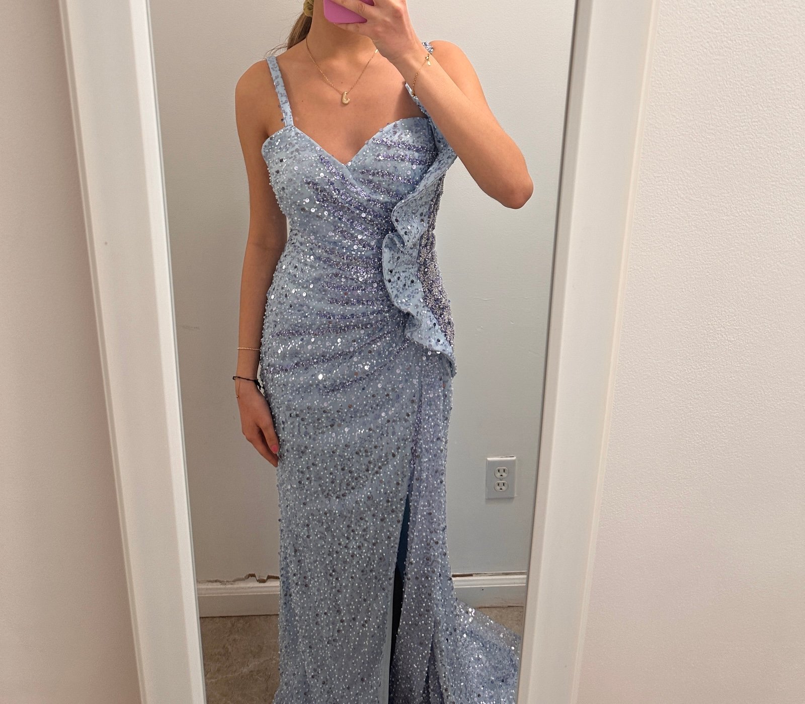 Blue Beaded Dress. Detailed with sparkles, sequins, and pearls.