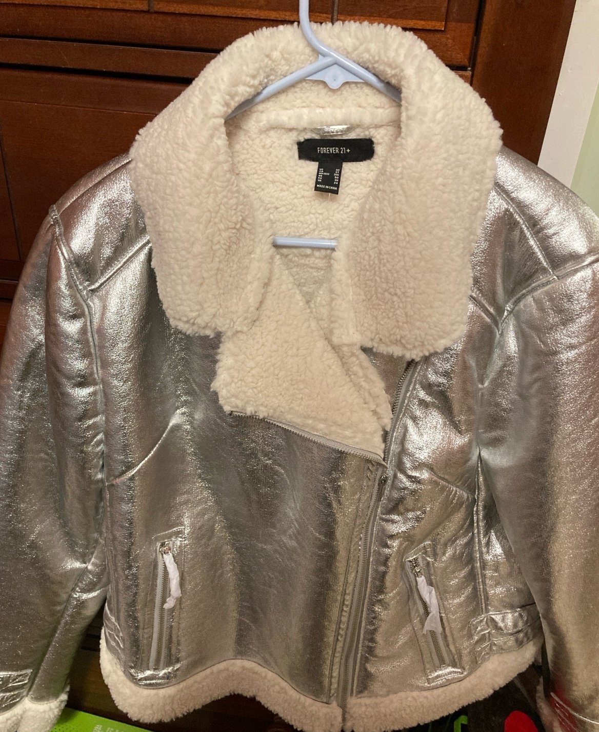 Jacket- metallic cropped Sherpa lined motorcycle jacket. Women’s size 3X.